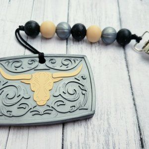 Silicone Teething Clip, Western, Cowboy, Rodeo, Belt Buckle, Bull, Teether, Boy